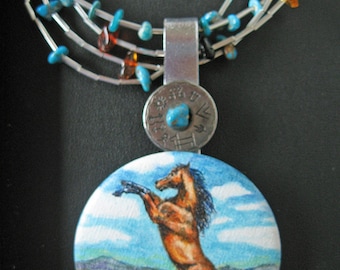 Western Cowgirl Statement Horse Necklace Original Hand Painted Horse Art Pendant Multi Strand Necklace Rearing Horse Turquoise and Amber