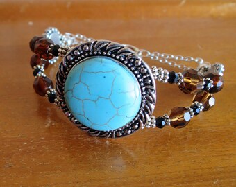 Western Turquoise Style Concho Bracelet Cuff Czech Glass Fits Large Wrist Artisan Made Black Cabochon Memory Wire Vintage Silver Chain