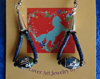 Earrings Loop Tribal Pottery Style Ceramic Bead Set with Teardrop  Azurite Heishi Beads Black Glass Beads and Silver Plated Cone