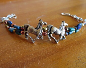 Gold Horse Bracelet Large Wrist Friendly Azurite Gemstone Czech Glass Vintage Silver Chain Equine Jewelry Horse Lover Style