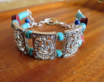 Horseshoe Rhinestone Bracelet Cuff Fits Large Wrist Faux Turquoise and Real Leather Beading Western Cowgirl Bling Style Good Luck Design