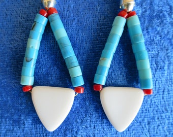 Earrings Loop Dangle Southwest Style Turquoise Heishi White Triangle Czech Glass and Red Coral Geometric Design, Silver Cone, Contemporary