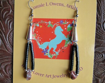 Earrings Natural Arizona Wild Horse Magnesite with Black Clamshell Heishi Beads Loop Dangle, Bold Western Southwest Fashion Style