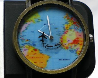 Quartz Wristwatch With World Map Dial, Bronze-Tone Case and Rotating Airplane