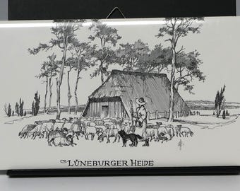 German Tile Etching of Luneburger Heide Sheep Herding Scene