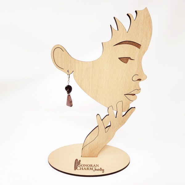 Earring Display Stand Women Girl Side View Silhouette Customized with your Logo Text on Base Stand