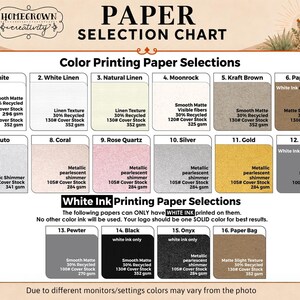 May include: A paper selection chart titled Homegrown Creativity Paper Selection Chart featuring sixteen numbered swatches of various paper colors and textures, including white, linen, kraft brown, metallic silver, gold, and black, with technical specifications.