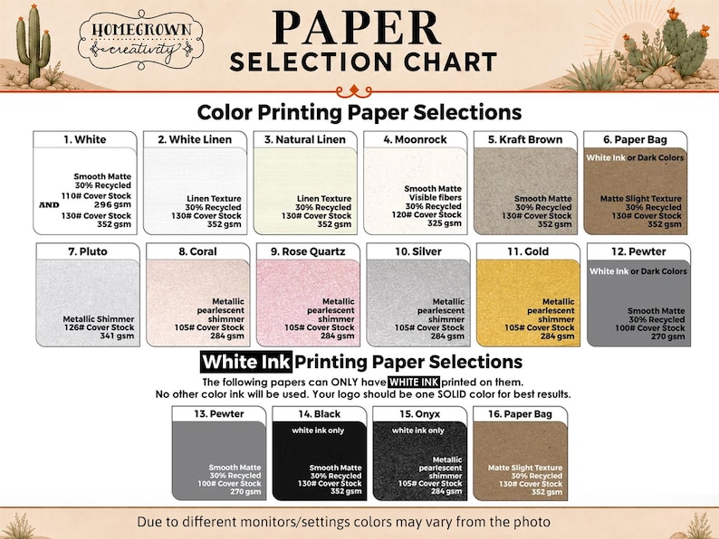 May include: A paper selection chart titled Homegrown Creativity Paper Selection Chart featuring sixteen numbered swatches of various paper colors and textures, including white, linen, kraft brown, metallic silver, gold, and black, with technical specifications.