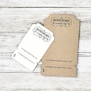 May include: A brown card stock price tag with the text "Homegrown Creativity" and the website address "homegrowngems.etsy.com" printed on it. The tag is designed to be used for pricing items for sale.