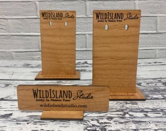 Custom Wood Earring Display Stands | Stands with Cards |  Logo or Name Mini Display | Customized Jewelry Display