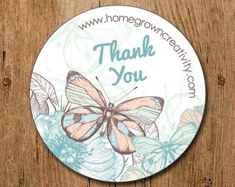 Customized Thank You Stickers - Pastel Butterflies Flowers Teal Blue Peach - Labels - Wedding - Birthday Party - Thank You Stickers