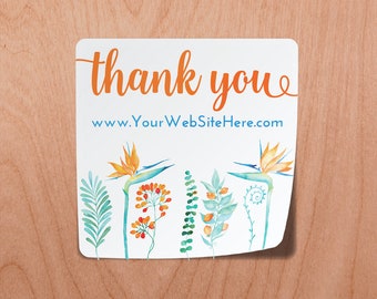 Thank You Stickers Hawaii Bird of Paradise Flowers | Square | 1.5" | Gift Bag Label Packaging | Glossy White