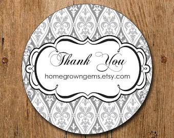 Customized Thank You Stickers - Black Grey Damask Background Pattern - Wedding - Party - Packaging Display - Thank You Stickers