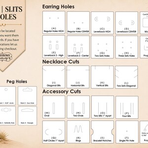 May include: A reference chart titled CUTS | SLITS & HOLES displaying various die-cut options for jewelry display cards. The grid includes diagrams for earring holes, necklace slits, and accessory cuts labeled A through V with a cactus illustration.