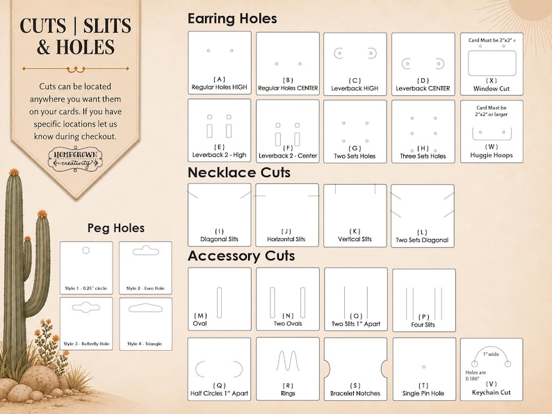 May include: A reference chart titled CUTS | SLITS & HOLES displaying various die-cut options for jewelry display cards. The grid includes diagrams for earring holes, necklace slits, and accessory cuts labeled A through V with a cactus illustration.