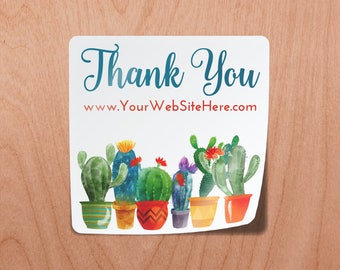 Thank You Stickers Cactus Potted Southwest Arizona Painting | Square | 1.5" | Gift Bag Label Packaging | Glossy White