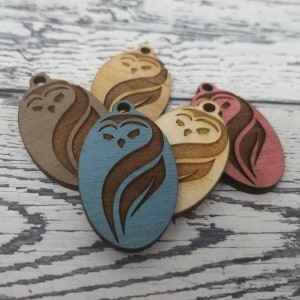 Engraved Wood Owl Oval Earrings Necklace Drop Dangle Findings Embellishments Drop Charm Laser