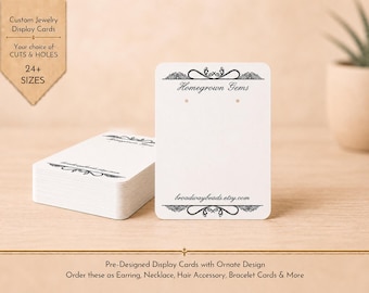 May include: A stack of white rectangular jewellery display cards featuring a black ornate border design at the top and bottom. The text Homegrown Gems is printed at the top, and broadwaybeads.etsy.com is printed at the bottom of each card.