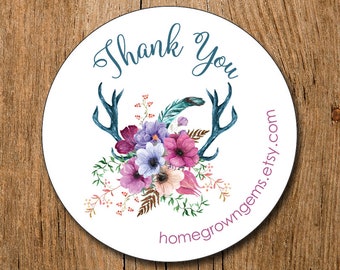 Customized Business Thank You Stickers -  Boho Antlers Floral Flowers - Party - Packaging Display - Thank You Stickers