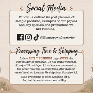 May include: An informational graphic with a beige background featuring two white rectangular boxes with rounded corners. The top box is titled Social Media and the bottom box is titled Processing Time & Shipping, both containing text and icons.