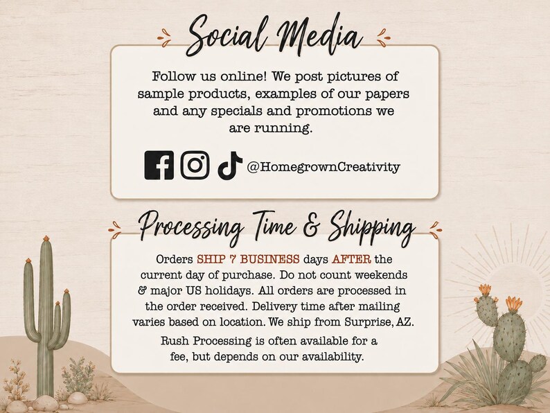 May include: An informational graphic with a beige background featuring two white rectangular boxes with rounded corners. The top box is titled Social Media and the bottom box is titled Processing Time & Shipping, both containing text and icons.