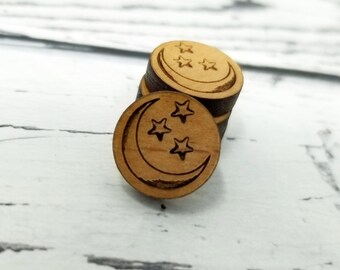 12mm | Mini Engraved Wood Moon and Stars | Cabochons Stud Earring Embellishments | Laser Cut