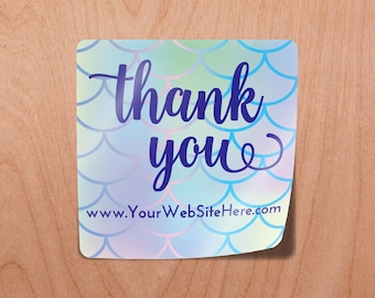 Thank You Stickers Mermaid Background  | Square | 1.5" | Gift Bag Label Packaging | Glossy White