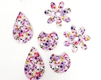 Flower Floral Spring Mirror Acrylic Earring Blanks Components Dangle Flower Tear Drop Crescent Shapes Acrylic Jewelry Finding Pink Purple