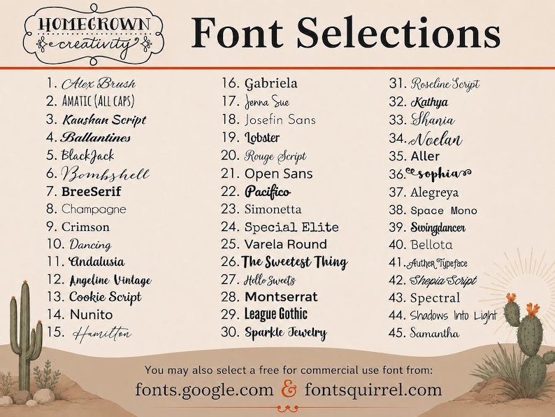 May include: A beige informational chart titled Font Selections featuring a numbered list of 45 distinct black typography styles. The header includes the text Homegrown Creativity, and the footer lists fonts.google.com and fontssquirrel.com.
