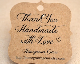 Thank You Handmade with Love Custom Tags Hang Tag Party Favor Kraft Recycled | 48 TAGS | 2.5"x2.5"