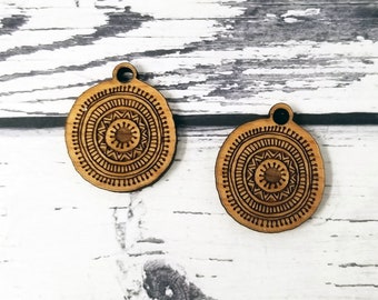 Engraved Wood Ornate Tribal Circle Drop for  Earrings Necklace Dangle Findings Embellishments Drop Charm Laser