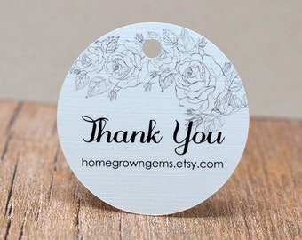 Black White Roses Flowers Outline Thank You Tags -  Hang Tag - Product Packaging - Gift Tag - Wedding Favor Tags - Party