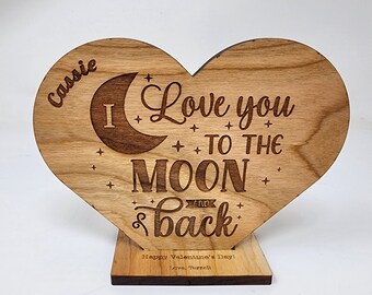 Personalized Wood Heart Valentine's Day Gift Wood Engraved Desk Display | Love you to the moon and back