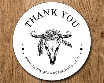 Customized Business Thank You Stickers -  Black White Boho Antlers Feather - Party - Packaging Display - Thank You Stickers