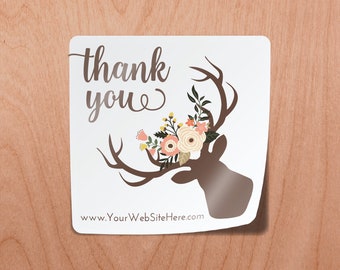 Deer Boho Flowers Thank You Stickers Antlers  | Square | 1.5" | Gift Bag Label Brown Peach