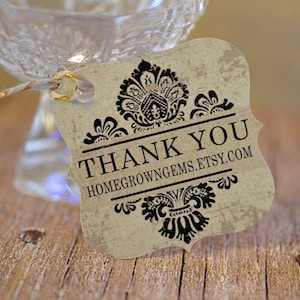 Damasco desgastado rústico gracias regalo boda etiquetas negro kraft marrón floral