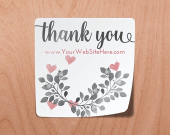 Grey Pink Floral Leaves Leaf Thank You Stickers  | Square | 1.5" | Gift Bag Label Hearts