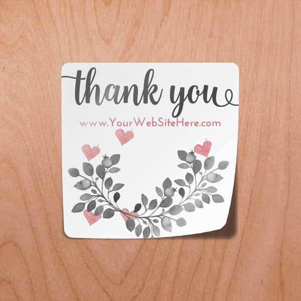 Grey Pink Floral Leaves Leaf Thank You Stickers  | Square | 1.5" | Gift Bag Label Hearts