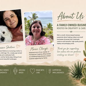 May include: An informational graphic featuring two photos of women, one with a white dog, and text titled About Us. It describes a family-owned business, Homegrown Creativity, with details about Cassie Sheline and Marie Clough, plus cactus illustrations.