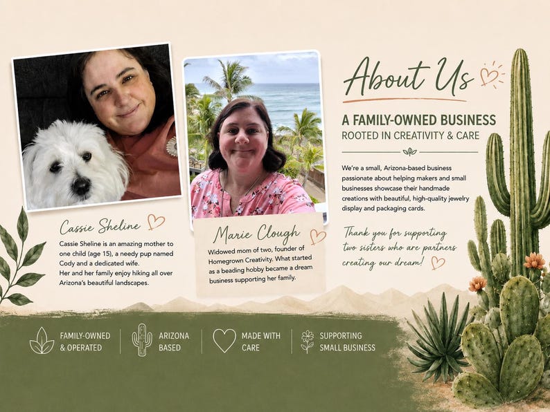May include: An informational graphic featuring two photos of women, one with a white dog, and text titled About Us. It describes a family-owned business, Homegrown Creativity, with details about Cassie Sheline and Marie Clough, plus cactus illustrations.