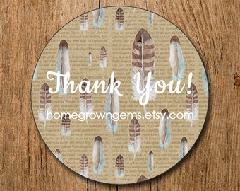 Customized Thank You Stickers - Boho Feather Newsprint Vintage - Party - Packaging Display - Thank You Stickers