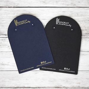 40 KARTEN | Personalisierte gebogene obere Bogen Ohrring Karten Silber & Gold Tinte auf Schwarz und Blau Karton fügen Sie Ihr Logo hinzu