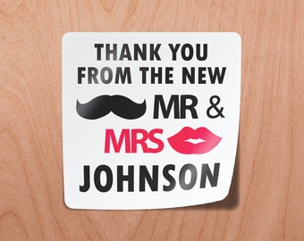 MR & MRS Wedding Stickers | Square | 1.5" | Thank you Party Lips mustache