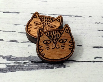 12mm | Mini Engraved Wood Cat Kitten Kitty Animal | Cabochons Stud Earring Embellishments | Laser Cut