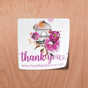 Thank You Stickers Watercolor Flowers Birdcage Pink | Square | 1.5" | Gift Bag Label Packaging | Glossy White