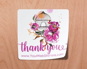 Thank You Stickers Watercolor Flowers Birdcage Pink | Square | 1.5" | Gift Bag Label Packaging | Glossy White