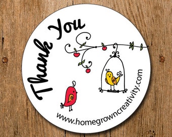Customized Stickers - Modern Birds in Tree Cage Branch Red Yellow  - Labels - Wedding - Birthday Party - Thank You Stickers