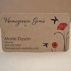 Cartes de visite en kraft brun recyclé Oiseaux Fleurs de pavot rouges