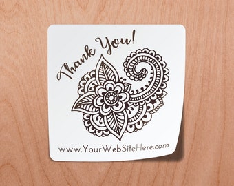 Thank You Henna Bohemian Art Paisley | Square | 1.5" | Gift Bag Label Packaging | Glossy White
