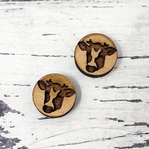 Mini Engraved Wood Cows Moo Heifer | Cabochons Stud Earring Embellishments | Laser Cut